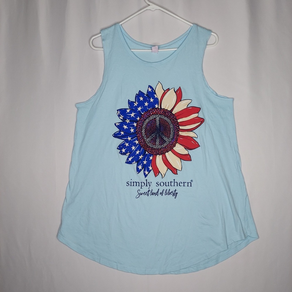 Simply Southern Tank Women XXL Sleeveless Blue Peace Sunflower Red White Blue
